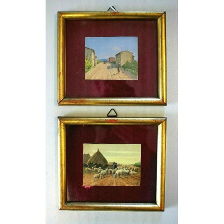 COPPIA DIPINTO OLIO MINIATURA Menichetti PAESAGGIO GREGGE FIGURE MAREMMA Livorno