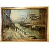 ANTICO GRANDE QUADRO DIPINTO OLIO Salvi VEDUTA VECCHIA Milano NAVIGLIO NEVE '900