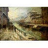 ANTICO GRANDE QUADRO DIPINTO OLIO Salvi VEDUTA VECCHIA Milano NAVIGLIO NEVE '900