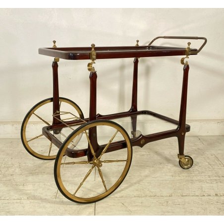 CARRELLO BAR PORTAVIVANDE VINTAGE OTTONE LEGNO LACCATO VETRO ANNI 50 4 RUOTE OLD