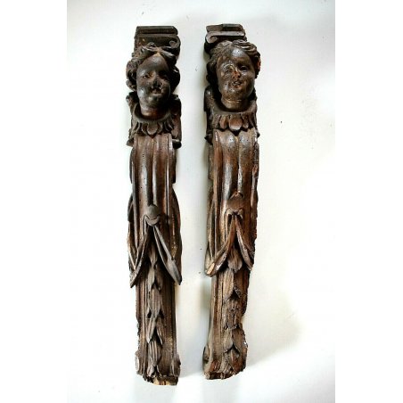 ANTICO FREGIO LESENA a CARIATIDE LEGNO NOCE DECORO SCOLPITO PUTTI FOGLIE '800 