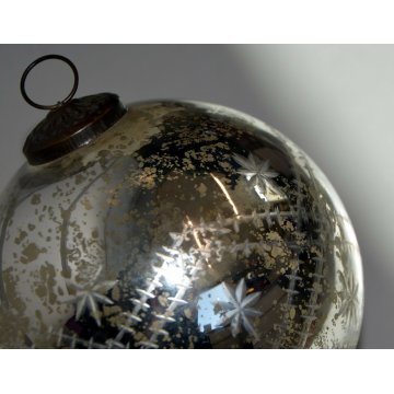 GRANDE ANTICA SFERA PALLA VETRO NATALE Decorativa CRISTALLO SPECCHIO ARGENTO 900