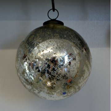 GRANDE ANTICA SFERA PALLA VETRO NATALE Decorativa CRISTALLO SPECCHIO ARGENTO 900