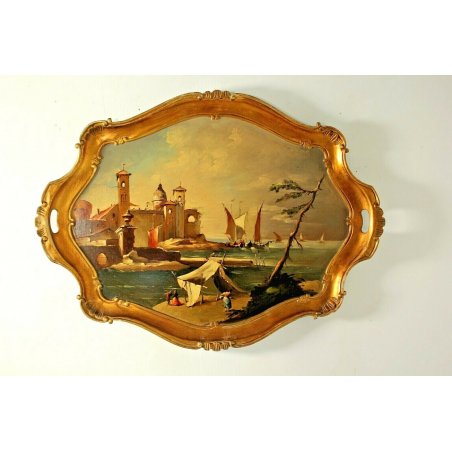 ANTICO VASSOIO DIPINTO Vasco Lumini SAGOMATO OLIO LEGNO PAESAGGIO MARINA FIGURE