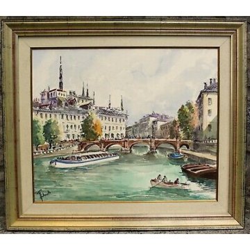 GRANDE QUADRO ACQUERELLO Antonello Zecca BATEAU MOUCHE PAESAGGIO PARIGI SENNA 