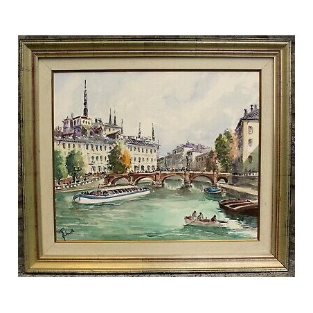 GRANDE QUADRO ACQUERELLO Antonello Zecca BATEAU MOUCHE PAESAGGIO PARIGI SENNA 