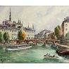 GRANDE QUADRO ACQUERELLO Antonello Zecca BATEAU MOUCHE PAESAGGIO PARIGI SENNA 