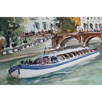 GRANDE QUADRO ACQUERELLO Antonello Zecca BATEAU MOUCHE PAESAGGIO PARIGI SENNA 