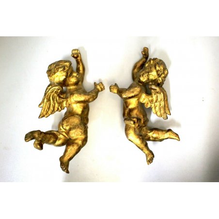 ANTICA COPPIA PUTTI ALATI LEGNO SCOLPITO DORATO ANGELI AMORINI CHERUBINI '900