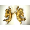 ANTICA COPPIA PUTTI ALATI LEGNO SCOLPITO DORATO ANGELI AMORINI CHERUBINI '900