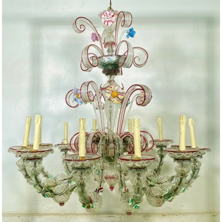 ENORME LAMPADARIO CA' REZZONICO VETRO MURANO 1800 FOGLIE 12 LUCI VENEZIA FERRO 