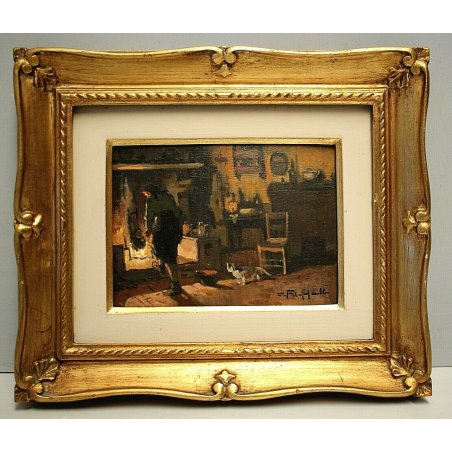 ANTICO DIPINTO OLIO C. Filippelli SCENA INTERNO DOMESTICO POST-MACCHIAIOLO '900