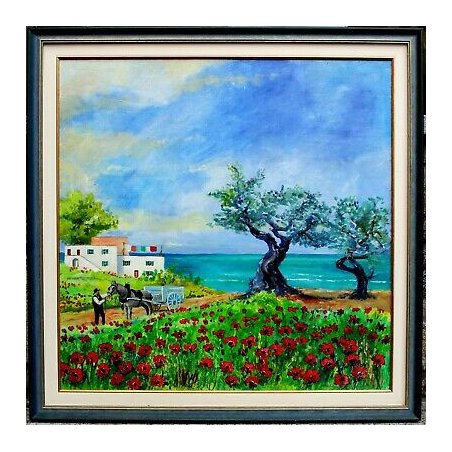 GRANDE QUADRO Antonello Zecca OLIO TELA PAESAGGIO MARINA ULIVI PAPAVERI CAVALLO