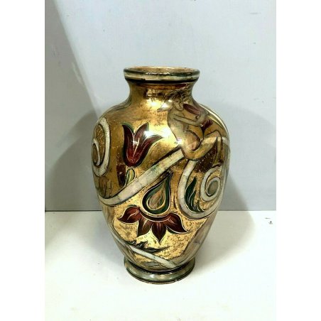 ANTICO VASO CERAMICA Zulimo Aretini DECORO SMALTO POLICROMO ORO FIGURE FIORI '50