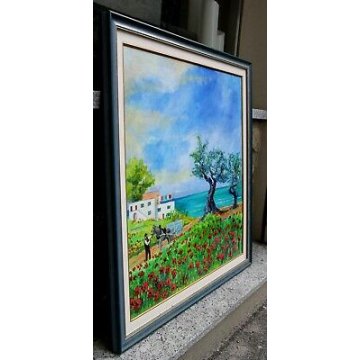 GRANDE QUADRO Antonello Zecca OLIO TELA PAESAGGIO MARINA ULIVI PAPAVERI CAVALLO