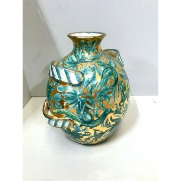 ANTICO VASO CERAMICA Zulimo Aretini DECORO SMALTO VERDE ORO VEGETALI ANIMALI '50