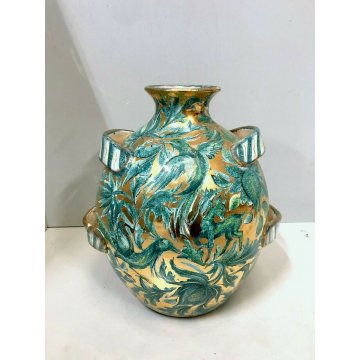 ANTICO VASO CERAMICA Zulimo Aretini DECORO SMALTO VERDE ORO VEGETALI ANIMALI '50