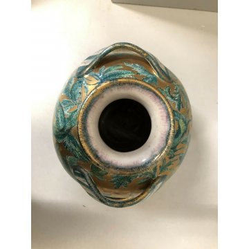 ANTICO VASO CERAMICA Zulimo Aretini DECORO SMALTO VERDE ORO VEGETALI ANIMALI '50