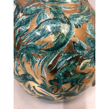 ANTICO VASO CERAMICA Zulimo Aretini DECORO SMALTO VERDE ORO VEGETALI ANIMALI '50