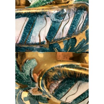 ANTICO VASO CERAMICA Zulimo Aretini DECORO SMALTO VERDE ORO VEGETALI ANIMALI '50