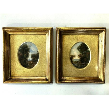 COPPIA PICCOLO DIPINTO OLIO RAMINO MINIATURA PAESAGGIO FIGURE ARCHITETTURE '900