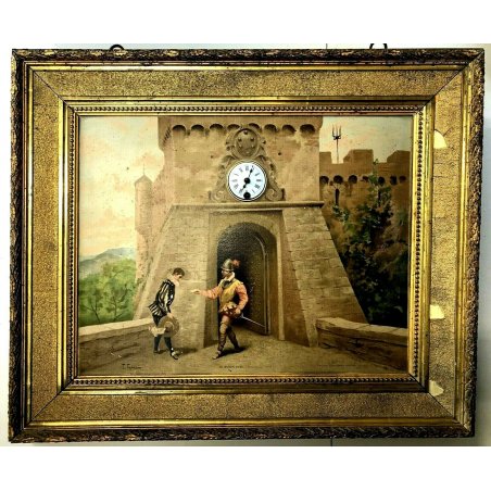 ANTICO QUADRO OROLOGIO IMMAGINE OLOGRAFICA DIPINTO ROMANTICO CASTELLO TORRE