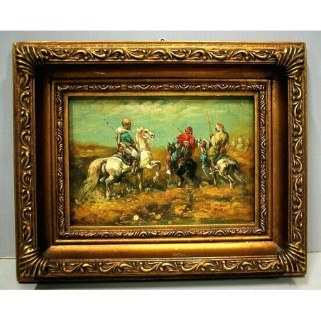 ANTICO PICCOLO QUADRO OLIO K Buri (?) PAESAGGIO CAUCASO STEPPA CAVALIERI CAVALLO