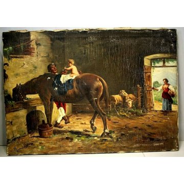 ANTICO QUADRO OLIO  DIPINTO SCENA INTERNO STALLA CAVALLO CONTADINI FIRMATO EPOCA