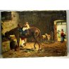 ANTICO QUADRO OLIO  DIPINTO SCENA INTERNO STALLA CAVALLO CONTADINI FIRMATO EPOCA