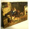 ANTICO QUADRO OLIO  DIPINTO SCENA INTERNO STALLA CAVALLO CONTADINI FIRMATO EPOCA