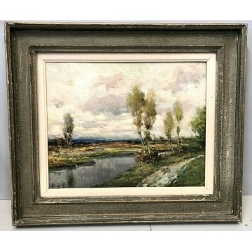 ANTICO QUADRO OLIO TELA Ivan Karpoff PAESAGGIO FLUVIALE CAMPAGNA LOMBARDA '50 ca