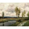 ANTICO QUADRO OLIO TELA Ivan Karpoff PAESAGGIO FLUVIALE CAMPAGNA LOMBARDA '50 ca
