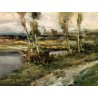 ANTICO QUADRO OLIO TELA Ivan Karpoff PAESAGGIO FLUVIALE CAMPAGNA LOMBARDA '50 ca