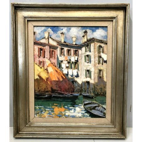 ANTICO QUADRO OLIO TELA I. Karpoff PAESAGGIO LAGUNARE Chioggia BARCHE PESCATORI 
