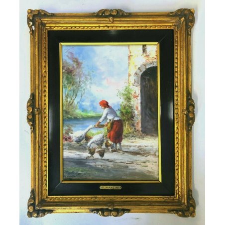 ANTICO QUADRO OLIO F. Mancini CAMPAGNA SCENA di GENERE CASALE CONTADINA OCHE 900