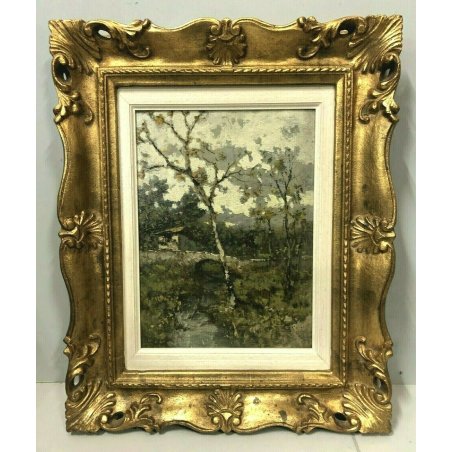 ANTICO DIPINTO OLIO L. Ginius PAESAGGIO MONTAGNA BAITA PONTE TORRENTE OSSOLA 800