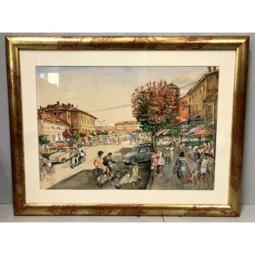 QUADRO ACQUERELLO SCHIZZO PITTORICO PROSPETTIVA A.Colla VEDUTA ARONA STAZIONE 61