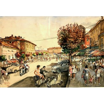 QUADRO ACQUERELLO SCHIZZO PITTORICO PROSPETTIVA A.Colla VEDUTA ARONA STAZIONE 61