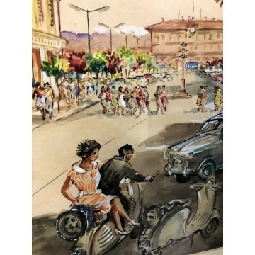 QUADRO ACQUERELLO SCHIZZO PITTORICO PROSPETTIVA A.Colla VEDUTA ARONA STAZIONE 61