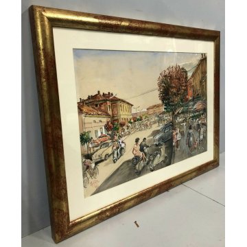 QUADRO ACQUERELLO SCHIZZO PITTORICO PROSPETTIVA A.Colla VEDUTA ARONA STAZIONE 61