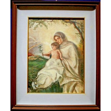 ANTICO QUADRO DIPINTO OLIO TAVOLA 1900 RELIGIOSO MADONNA GESU' BAMBINO ULIVO  