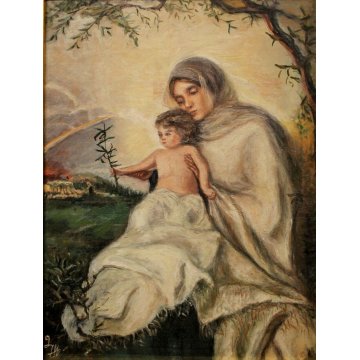ANTICO QUADRO DIPINTO OLIO TAVOLA 1900 RELIGIOSO MADONNA GESU' BAMBINO ULIVO  