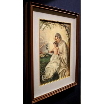 ANTICO QUADRO DIPINTO OLIO TAVOLA 1900 RELIGIOSO MADONNA GESU' BAMBINO ULIVO  