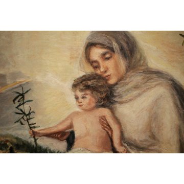 ANTICO QUADRO DIPINTO OLIO TAVOLA 1900 RELIGIOSO MADONNA GESU' BAMBINO ULIVO  