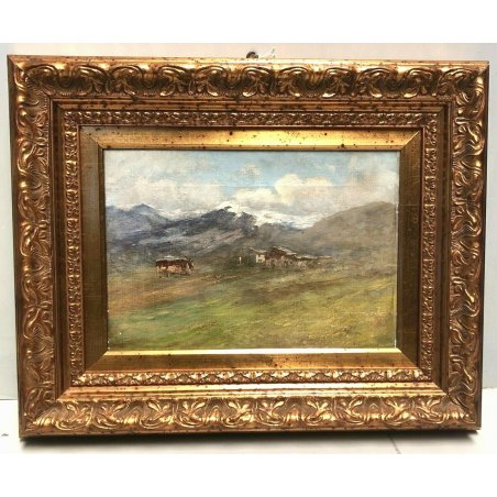 ANTICO DIPINTO OLIO L. Ginius PAESAGGIO MONTANO ALPEGGIO BAITE OSSOLA 800