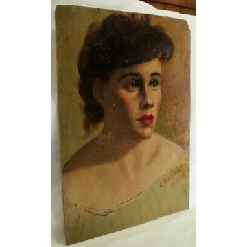 ANTICO DIPINTO C.Ballerini RITRATTO DONNA OLIO SU TAVOLA 1948 BUSTO FEMMINILE 