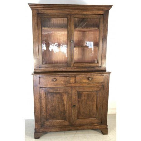 CREDENZA CON VETRINA 1800 EPOCA DOPPIO CORPO NOCE 2 CASSETTI CUPBOARD OLD 