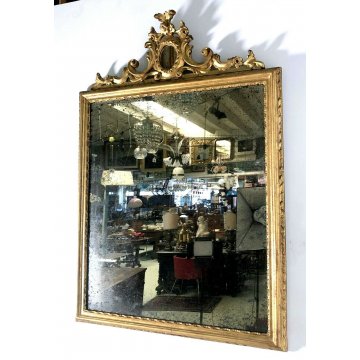 ANTICA SPECCHIERA SPECCHIO LIBERTY CORNICE LEGNO SCOLPITO ORO  DECORO FOGLIACEO