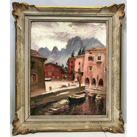 ANTICO QUADRO OLIO Tavola Galbiati MARINA PORTO BARCHE BORGO MONTAGNE CHIAVARI ?