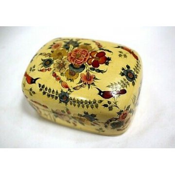 SCATOLA PORTAGIOIE SCRIGNO COFANETTO LEGNO ORIENTALE LACCA FIORI UCCELLI FOGLIE 